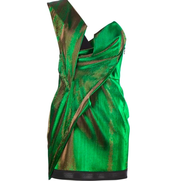 Anthony Vaccarello green metallic one shoulder cocktail minidress divine!Sz 36